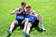 3 June 2023; Lughaidh Mallon of Rathmore Belfast, right, is congratulated by Darragh Mulrooney of Jesus and Mary Secondary School Enniscrone, Sligo, after winning the senior boys 1500m during the 123.ie All Ireland Schools' Track and Field Championships at Tullamore in Offaly. Photo by Sam Barnes/Sportsfile