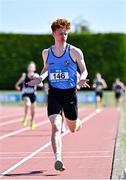 3 June 2023; Lughaidh Mallon of Rathmore Belfast, celebrates winning the senior boys 1500m during the 123.ie All Ireland Schools' Track and Field Championships at Tullamore in Offaly. Photo by Sam Barnes/Sportsfile