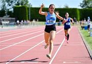 3 June 2023; Hannah Kehoe of Loreto Kilkenny, celebrates winning the senior girls 1500m during the 123.ie All Ireland Schools' Track and Field Championships at Tullamore in Offaly. Photo by Sam Barnes/Sportsfile