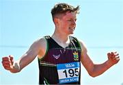 3 June 2023; Odhran McBrearty of St Columbas Stranorlar, Donegal, celebrates winning the junior boys 1500m during the 123.ie All Ireland Schools' Track and Field Championships at Tullamore in Offaly. Photo by Sam Barnes/Sportsfile
