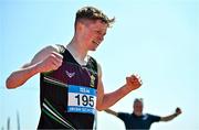 3 June 2023; Odhran McBrearty of St Columbas Stranorlar, Donegal, celebrates winning the junior boys 1500m during the 123.ie All Ireland Schools' Track and Field Championships at Tullamore in Offaly. Photo by Sam Barnes/Sportsfile