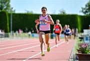 3 June 2023; Emily Bolton of Mount Sackville, Dublin, crosses the line to win the intermediate girls 1500m during the 123.ie All Ireland Schools' Track and Field Championships at Tullamore in Offaly. Photo by Sam Barnes/Sportsfile