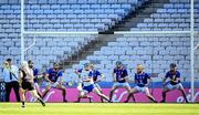 3 June 2023; Wicklow goalkeeper Conor Mc Nally and teammates fail to stop a shot by Donegal goalkeeper Luke White during the Nickey Rackard Cup Final match between Donegal and Wicklow at Croke Park in Dublin. Photo by Harry Murphy/Sportsfile