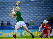 3 June 2023; Nicholas Potterton of Meath shoots to score his side's first goal despite the attention of Richie Mullan of Derry during the Christy Ring Cup Final match between Derry and Meath at Croke Park in Dublin. Photo by Harry Murphy/Sportsfile