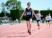 3 June 2023; Odhran McBrearty of St Columbas Stranorlar, Donegal, celebrates winning the junior boys 1500m during the 123.ie All Ireland Schools' Track and Field Championships at Tullamore in Offaly. Photo by Sam Barnes/Sportsfile