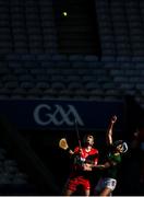 3 June 2023; Ségdae Melaugh of Derry in action against Brendan McKeon of Meath during the Christy Ring Cup Final match between Derry and Meath at Croke Park in Dublin. Photo by Harry Murphy/Sportsfile