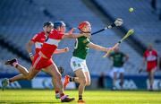 3 June 2023; Adam Gannon of Meath in action against Meehaul McGrath of Derry during the Christy Ring Cup Final match between Derry and Meath at Croke Park in Dublin. Photo by Harry Murphy/Sportsfile