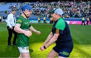 3 June 2023; Nicholas Potterton of Meath and Meath manager Seoirse Bulfin after their side's victory in the Christy Ring Cup Final match between Derry and Meath at Croke Park in Dublin. Photo by Harry Murphy/Sportsfile