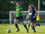 3 June 2023; Karen Duggan of Peamount United in action against Muireann Devaney of Athlone Town during the SSE Airtricity Women's Premier Division match between Peamount United and Athlone Town at PRL Park in Greenogue, Dublin. Photo by Stephen Marken/Sportsfile