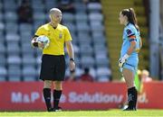 3 June 2023; Referee Sean Stephens and Bohemians goalkeeper Rachael Kelly during the SSE Airtricity Women's Premier Division match between Bohemians and Shamrock Rovers at Dalymount Park in Dublin. Photo by Seb Daly/Sportsfile