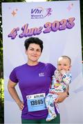 4 June 2023; Aisling Cunningham from Bray, Wicklow with Robbin McCarthy, 10 months, before the 2023 Vhi Women’s Mini Marathon. More than 20,000 women from all over the country took to the streets of Dublin to run, walk and jog the 10km route, raising much needed funds for hundreds of charities. For further information please log on to www.vhiwomensminimarathon.ie. Photo by Sam Barnes/Sportsfile