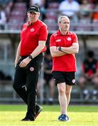 3 June 2023; Tyrone joint-managers Feargal Logan, left, and Brian Dooher before the GAA Football All-Ireland Senior Championship Round 2 match between Tyrone and Armagh at O'Neill's Healy Park in Omagh, Tyrone. Photo by Brendan Moran/Sportsfile
