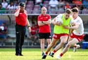 3 June 2023; Tyrone joint-managers Brian Dooher, centre, and Feargal Logan before the GAA Football All-Ireland Senior Championship Round 2 match between Tyrone and Armagh at O'Neill's Healy Park in Omagh, Tyrone. Photo by Brendan Moran/Sportsfile