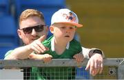 4 June 2023; Four year old Limerick supporter Benji Enright, from Abbeyfeale, with his dad Tom during the Tailteann Cup Group 3 Round 3 match between Limerick and Wicklow at Laois Hire O'Moore Park in Portlaoise, Laois. Photo by Matt Browne/Sportsfile