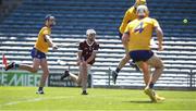 4 June 2023; Cullen Killeen of Galway shoots to score his side's second goal during the Electric Ireland GAA Hurling All-Ireland Minor Championship Final match between Clare and Galway at FBD Semple Stadium in Thurles, Tipperary. Photo by Michael P Ryan/Sportsfile
