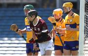 4 June 2023; Jason Rabbitte of Galway celebrates after scoring his side's first goal during the Electric Ireland GAA Hurling All-Ireland Minor Championship Final match between Clare and Galway at FBD Semple Stadium in Thurles, Tipperary. Photo by Michael P Ryan/Sportsfile
