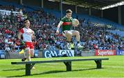 4 June 2023; Paddy Durcan of Mayo jumps the bench before the team photograph ahead of the GAA Football All-Ireland Senior Championship Round 2 match between Mayo and Louth at Hastings Insurance MacHale Park in Castlebar, Mayo. Photo by Seb Daly/Sportsfile