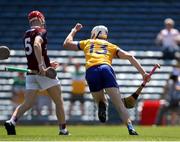 4 June 2023; Ógie Fanning of Clare celebrates after scoring his side's first goal during the Electric Ireland GAA Hurling All-Ireland Minor Championship Final match between Clare and Galway at FBD Semple Stadium in Thurles, Tipperary. Photo by Michael P Ryan/Sportsfile
