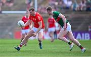 4 June 2023; Sam Mulroy of Louth in action against Matthew Ruane of Mayo during the GAA Football All-Ireland Senior Championship Round 2 match between Mayo and Louth at Hastings Insurance MacHale Park in Castlebar, Mayo. Photo by Seb Daly/Sportsfile