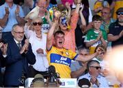 4 June 2023; Clare captain Eoghan Gunning lifts the cup after the Electric Ireland GAA Hurling All-Ireland Minor Championship Final match between Clare and Galway at FBD Semple Stadium in Thurles, Tipperary. Photo by Michael P Ryan/Sportsfile