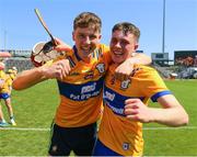 4 June 2023; Clare players Padraic O'Donovan, left, and Jack Mescal celebrate after the Electric Ireland GAA Hurling All-Ireland Minor Championship Final match between Clare and Galway at FBD Semple Stadium in Thurles, Tipperary. Photo by Michael P Ryan/Sportsfile