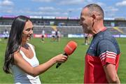 4 June 2023; GAAGO reporter Aisling O'Reilly interviews referee Conor Lane before the GAA Football All-Ireland Senior Championship Round 2 match between Roscommon and Sligo at Dr Hyde Park in Roscommon. Photo by Piaras Ó Mídheach/Sportsfile
