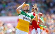 4 June 2023; Cormac Egan of Offaly reacts to a missed chance on goal during the O’Neills.com GAA Hurling All-Ireland U20 Championship Final match between Cork and Offaly at FBD Semple Stadium in Thurles, Tipperary. Photo by Michael P Ryan/Sportsfile