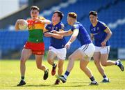 4 June 2023; Jordan Morrissey of Carlow in action against Aaron Farrell and Ryan Moffett of Longford during the Tailteann Cup Group 3 Round 3 match between Longford and Carlow at Laois Hire O'Moore Park in Portlaoise, Laois. Photo by Matt Browne/Sportsfile