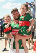 4 June 2023; Pádraig O’Hora of Mayo with Mila-Rae, age 5, and Sadie-Rose, age 1, after the GAA Football All-Ireland Senior Championship Round 2 match between Mayo and Louth at Hastings Insurance MacHale Park in Castlebar, Mayo. Photo by Seb Daly/Sportsfile
