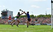 4 June 2023; Aidan O'Shea of Mayo in action against Louth goalkeeper James Califf during the GAA Football All-Ireland Senior Championship Round 2 match between Mayo and Louth at Hastings Insurance MacHale Park in Castlebar, Mayo. Photo by Seb Daly/Sportsfile