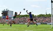 4 June 2023; Aidan O'Shea of Mayo in action against Louth goalkeeper James Califf during the GAA Football All-Ireland Senior Championship Round 2 match between Mayo and Louth at Hastings Insurance MacHale Park in Castlebar, Mayo. Photo by Seb Daly/Sportsfile