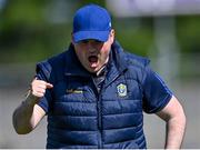 4 June 2023; Roscommon manager Davy Burke celebrates a late score during the GAA Football All-Ireland Senior Championship Round 2 match between Roscommon and Sligo at Dr Hyde Park in Roscommon. Photo by Piaras Ó Mídheach/Sportsfile