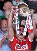 4 June 2023; Cork captain Michael Mullins lifts the cup after the O’Neills.com GAA Hurling All-Ireland U20 Championship Final match between Cork and Offaly at FBD Semple Stadium in Thurles, Tipperary. Photo by Michael P Ryan/Sportsfile