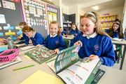 7 June 2023; Lucy Morgan, right, and Grace McMahon during the launch of the Republic of Ireland women's FIFA Women's World Cup school activity book with Republic of Ireland manager Vera Pauw at St Patrick's National School in Corduff, Dublin. Photo by Stephen McCarthy/Sportsfile