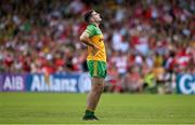 4 June 2023; Caolan McGonagle of Donegal reacts after his side conceded a their goal during the GAA Football All-Ireland Senior Championship Round 2 match between Donegal and Derry at MacCumhaill Park in Ballybofey, Donegal. Photo by Brendan Moran/Sportsfile
