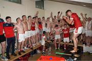 4 June 2023; Cork captain Michael Mullins celebrates with teammates in the dressing room after the O’Neills.com GAA Hurling All-Ireland U20 Championship Final match between Cork and Offaly at FBD Semple Stadium in Thurles, Tipperary. Photo by Michael P Ryan/Sportsfile