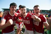 4 June 2023; Cork players, from left, Tadhg O'Connell, Jack Leahy and Darragh O'Sullivan celebrate after the O’Neills.com GAA Hurling All-Ireland U20 Championship Final match between Cork and Offaly at FBD Semple Stadium in Thurles, Tipperary. Photo by Michael P Ryan/Sportsfile