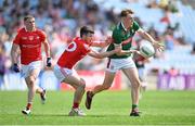 4 June 2023; Donnacha McHugh of Mayo in action against Liam Jackson of Louth during the GAA Football All-Ireland Senior Championship Round 2 match between Mayo and Louth at Hastings Insurance MacHale Park in Castlebar, Mayo. Photo by Seb Daly/Sportsfile