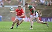 4 June 2023; Sam Mulroy of Louth in action against Matthew Ruane of Mayo during the GAA Football All-Ireland Senior Championship Round 2 match between Mayo and Louth at Hastings Insurance MacHale Park in Castlebar, Mayo. Photo by Seb Daly/Sportsfile