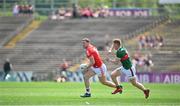 4 June 2023; Sam Mulroy of Louth in action against David McBrien of Mayo during the GAA Football All-Ireland Senior Championship Round 2 match between Mayo and Louth at Hastings Insurance MacHale Park in Castlebar, Mayo. Photo by Seb Daly/Sportsfile