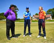 5 June 2023; Rebecca Stokell of Typhoons performs the coin toss alongside, Umpire, William Clarke, left, and Gaby Lewis of Scorchers before the Evoke Super Series 2023 match between Scorchers and Typhoons at Oak Hill Cricket Club in Kilbride, Wicklow. Photo by Tyler Miller/Sportsfile