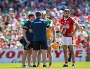 4 June 2023; Cormac Egan of Offaly receives medical attention during the O’Neills.com GAA Hurling All-Ireland U20 Championship Final match between Cork and Offaly at FBD Semple Stadium in Thurles, Tipperary. Photo by Michael P Ryan/Sportsfile