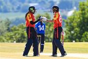 5 June 2023; Mary-Anne Musonda of Scorchers, left, and teammate Gaby Lewis during the Evoke Super Series 2023 match between Scorchers and Typhoons at Oak Hill Cricket Club in Kilbride, Wicklow. Photo by Tyler Miller/Sportsfile