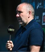 5 June 2023; UCD manager Andy Myler speaks to LOI TV before the SSE Airtricity Men's Premier Division match between Dundalk and UCD at Oriel Park in Dundalk, Louth. Photo by Stephen Marken/Sportsfile