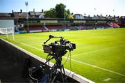 5 June 2023; A TV camera is seen before the SSE Airtricity Men's Premier Division match between St Patrick's Athletic and Derry City at Richmond Park in Dublin. Photo by Harry Murphy/Sportsfile