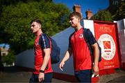 5 June 2023; Tommy Lonergan, right, and Ben McCormack of St Patrick's Athletic arrive before the SSE Airtricity Men's Premier Division match between St Patrick's Athletic and Derry City at Richmond Park in Dublin. Photo by Harry Murphy/Sportsfile