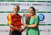 5 June 2023; Scorchers captain Gaby Lewis is presented the trophy by Content Editor / Reporter, Evoke.IE, Sinéad Dalton, after the Evoke Super Series 2023 match between Scorchers and Typhoons at Oak Hill Cricket Club in Kilbride, Wicklow. Photo by Tyler Miller/Sportsfile