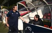 5 June 2023; St Patrick's Athletic manager Jon Daly and Derry City head coach Ruaidhrí Higgins speak before the SSE Airtricity Men's Premier Division match between St Patrick's Athletic and Derry City at Richmond Park in Dublin. Photo by Harry Murphy/Sportsfile