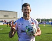 5 June 2023; Patrick Hoban of Dundalk celebrates with the match ball after scoring a hat-trick and becoming the club record goal scorer after the SSE Airtricity Men's Premier Division match between Dundalk and UCD at Oriel Park in Dundalk, Louth. Photo by Stephen Marken/Sportsfile