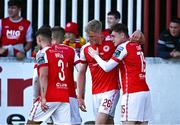5 June 2023; Jay McGrath of St Patrick's Athletic, second right, celebrates with teammate including Ben McCormack after scoring his side's first goal during the SSE Airtricity Men's Premier Division match between St Patrick's Athletic and Derry City at Richmond Park in Dublin. Photo by Harry Murphy/Sportsfile